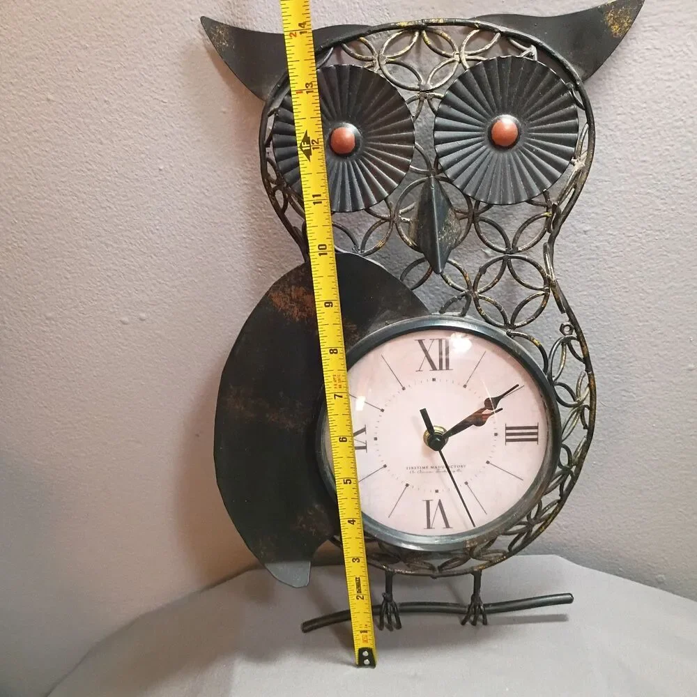 Owl Wall Clock Metal Black with Gold Accents Tested & Working Retro Boho Chic